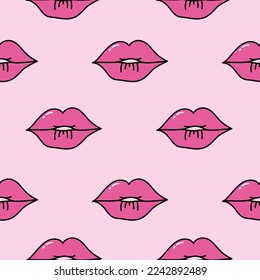 Patrón transparente rosado con labios. Papel para envolver el corazón de Doodle para el Día de San Valentín. Un entorno romántico y transparente para la decoración de las vacaciones. Cuta ilustración del doodle. El amor y el concepto romántico