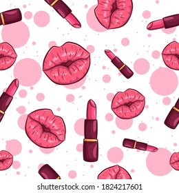 Patrón transparente rosado con labios y lápiz labial. Fondo repetitivo femenino.
