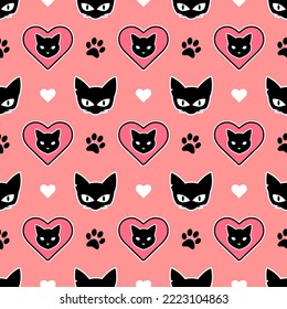 Pink seamless pattern made up of many cute cats and hearts. Endless repeating texture of lovely kittens for printing on package, fabric, wrappers, envelopes, cards, clothes or gift paper.