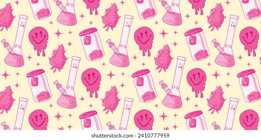 Pink seamless pattern with marijuana, weed, cannabis, bong, buds. Vector illustration in y2k style, girly pink aesthetic. Trendy background.