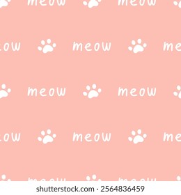 Pink seamless pattern with meow text and paws