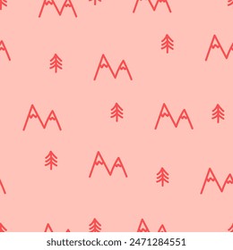 Pink seamless pattern with mountain and tree