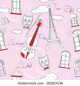 Pink Seamless pattern with music and city. Vector Illustration