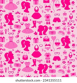 pink seamless pattern. Nostalgic Glamorous trendy things fashion accessories, clothes, handbags, Feminine portrait on pink background. Vector illustration. 