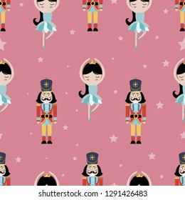 Pink seamless pattern with nutcracker,princess,ballet and solider