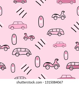 Pink seamless pattern with on the road elements, car, bike, bus, Traffic lights, crosswalk