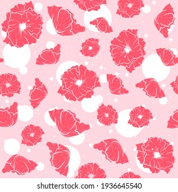 Pink seamless pattern with opium poppies. Floral repetitive background with summer flowers. Vector art with petals and herbs.