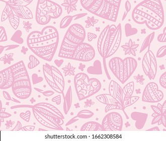 Pink seamless pattern with ornamental hearts, tulips for wrapping, paper, gifts