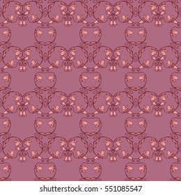 Pink seamless pattern with ornaments in vintage style with butterfly and bellflowers. Print for wallpaper, textile, covers, manufacturing, invitations, cards, wrapping paper, wedding, scrapbooking. 