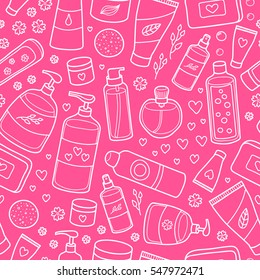 Pink seamless pattern with outline hand drawn beauty products.