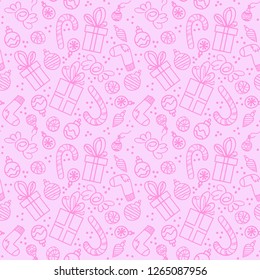 Pink seamless pattern with presents, socks, christmas balls and sweets. Vector pattern for Christmas, New Year's Day, Winter Holidays. Background for gift wrapping paper, textille