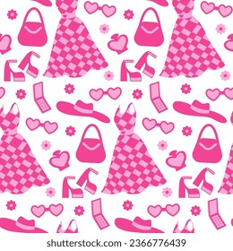 Pink seamless pattern. Print for a girl. Fashionable clothes and accessories. Vector, flat style. Perfect for textile, wallpaper or print design.