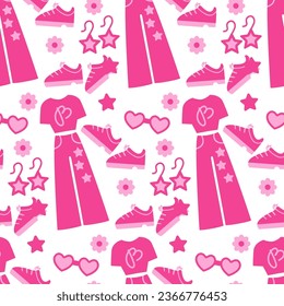 Pink seamless pattern. Print for a girl. Fashionable clothes and accessories. Vector, flat style. Perfect for textile, wallpaper or print design.