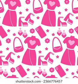 Pink seamless pattern. Print for a girl. Fashionable clothes and accessories. Vector, flat style. Perfect for textile, wallpaper or print design.