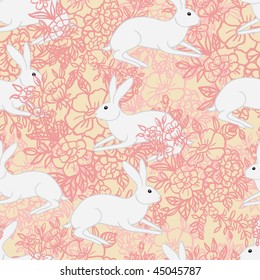 pink seamless pattern with rabbits and flowers