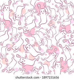 Pink seamless pattern with pink rabbits for kids. Repetitive background with rabbit spirits with different facial expressions. Kawaii Halloween animals for children clothes.