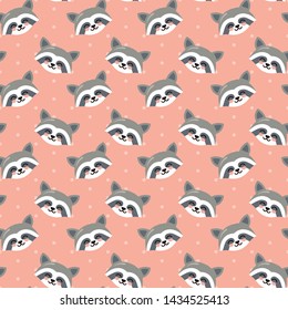 Pink seamless pattern with raccoon heads and dots