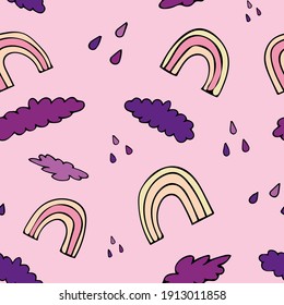 Pink seamless pattern with rainbow, rain and clouds. Design for wallpaper and wrapping, fabric and textile. Vector illustration.