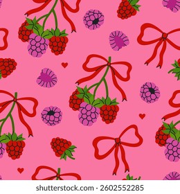 Pink seamless pattern with raspberries and bows. Vector graphics.