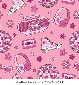 pink seamless pattern with  record player, sneakers, headphones