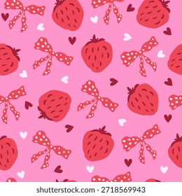 Um padrão sem emenda rosa com morangos vermelhos de desenho animado, um arco e um coração. Um maravilhoso fundo decorativo para um cartão romântico, têxtil, convite para festas ou scrapbooking. Vetor.
