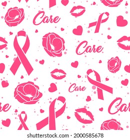 Pink seamless pattern with ribbons, kisses and flowers. Feminine repeat background about support and raising awareness against breast cancer. Medical and social repetitive texture for solidarity.