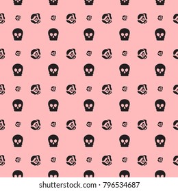 Pink seamless pattern with roses and skulls.