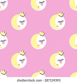 Pink seamless pattern with sleeping princess girls with crowns for kids holidays. Cute baby shower vector background. Unusual design. Child style vector illustration.