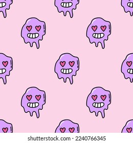 Pink seamless pattern with smiles and hearts-eyes. Doodle heart wrapping paper for Valentine's Day. Romantic seamless background for holiday decor. Cute doodle illustration. Love and romantic concept