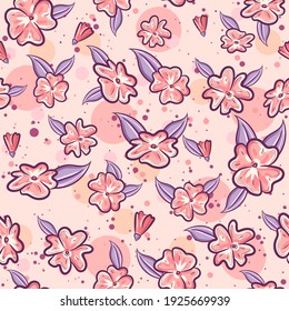 Pink seamless pattern for spring with sakura flowers and purple leaves. Repetitive spring background  with floral and herbal motifs.