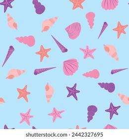 Pink Seamless pattern with starfish, corals, pearls and shells. Vector background with a marine theme