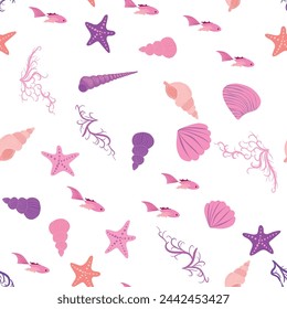 Pink Seamless pattern with starfish, corals, pearls and shells. Vector background with a marine theme