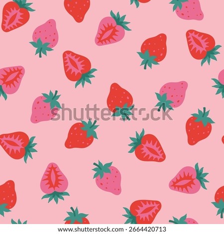 Pink seamless pattern with strawberries and strawberry halves. Vector graphics.