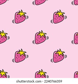 Pink seamless pattern with strawberry. Doodle heart wrapping paper for Valentine's Day. Romantic seamless background for holiday decor. Cute doodle illustration. Love and romantic concept