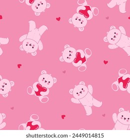 Pink seamless pattern with toy bears and hearts. Vector graphics.