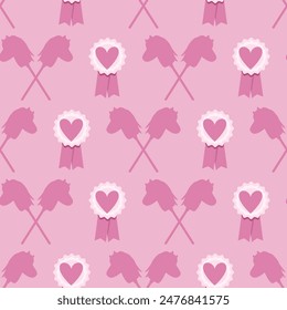 Pink seamless pattern of toy horse heads and awards 