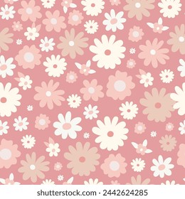 Pink seamless pattern with trendy small flowers. Daisy flowers. Vector surface design for invitation, wrapping paper, packaging, fabric etc.