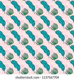 Pink seamless pattern with tropic leaves. Vector illustration
