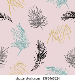 Pink seamless pattern with tropic palms leaves. Hand drawn fashion sketch on pastel pink background. Exotic botanical floral illustration.