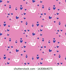 Pink Seamless Pattern for Valentines Day design. Branches with hearts come out of a cup. Hand drawn love and romance theme background. Elegant vector illustration.