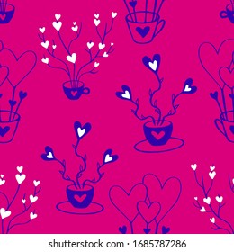 Pink Seamless Pattern for Valentines Day design. Branches with hearts come out of a cup. Hand drawn love and romance theme background. Elegant vector illustration.