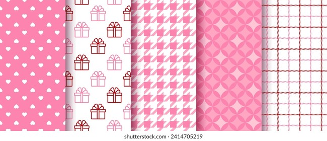 Rosa nahtloses Muster. Valentinstag Hintergrund. Drucke mit Herz, Geschenkbox und Scheck. Set von mädchenhaften Liebestexturen. Kollektion romantisches Verpackungspapier. Vektorgrafik. Hintergrund für Scrapbooking