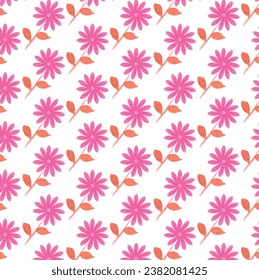Pink Seamless Pattern. Violet background. Orange tropical leaves and Floweers. Floral elements in doodle style.