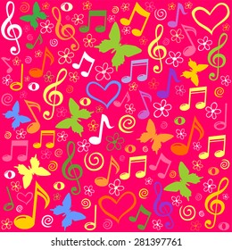 Pink seamless pattern wallpaper of musical notes. Vector Illustration