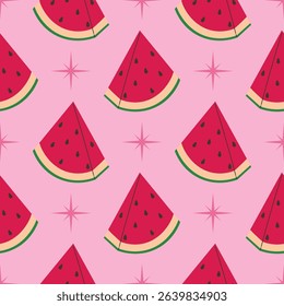 Pink seamless pattern with watermelon slice and star in cartoon flat style, arranged in polka dot order on light pink background. Fun design ideal for fabric, wrapping, summer, and kids decor.