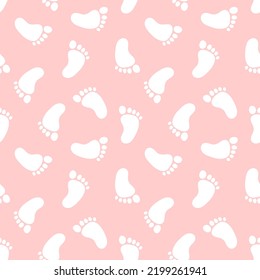 Pink seamless pattern with white baby footprints.