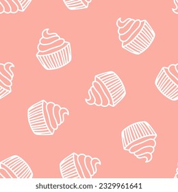 Pink seamless pattern with white cupcakes