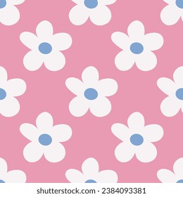 Pink seamless pattern with white daisy flowers with blue middle. 