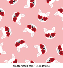 Pink seamless pattern with white dogs wearing red heart shaped sunglasses