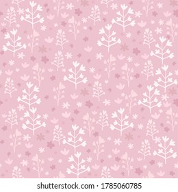 Patrón transparente rosa con pequeños elementos florales blancos. Obra de arte estilizada a mano. Fondo decorativo para papel pintado, papel envolvente, papel textil, tela. Ilustración vectorial.
